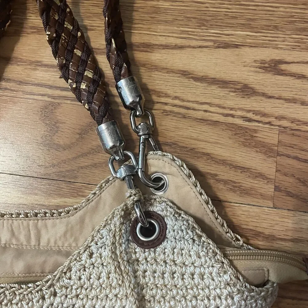 The Sak Indio Crochet Shoulder Bag Sand Stripe Woven Boho Tote Purse